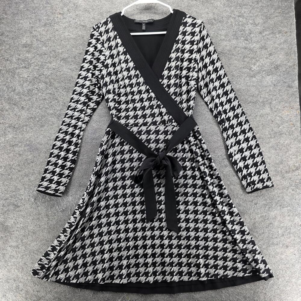 White House Black Market Dress Womens 10 Black Wrap Fit & Flare Knit Houndstooth